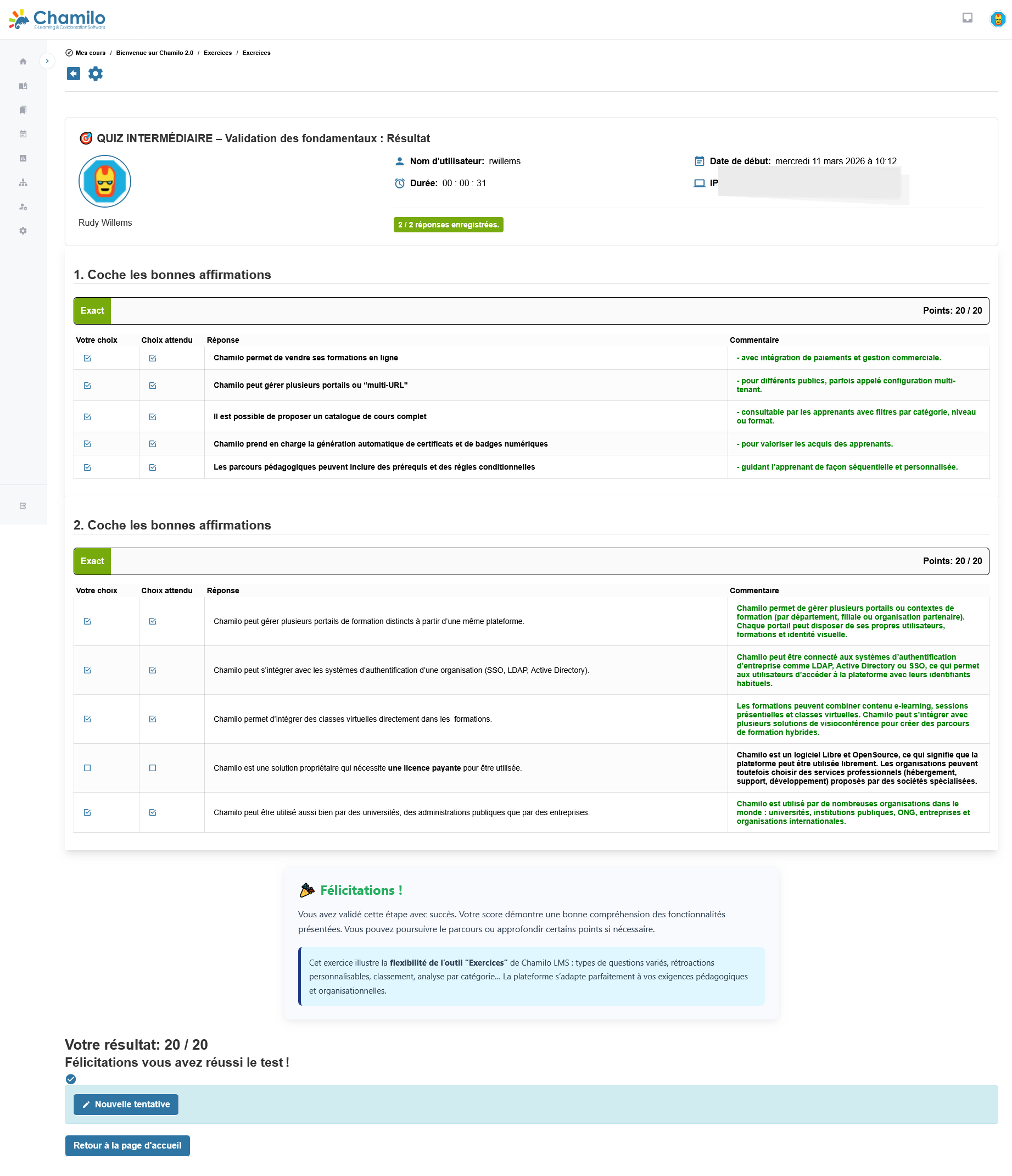 Quiz intégré dans le parcours