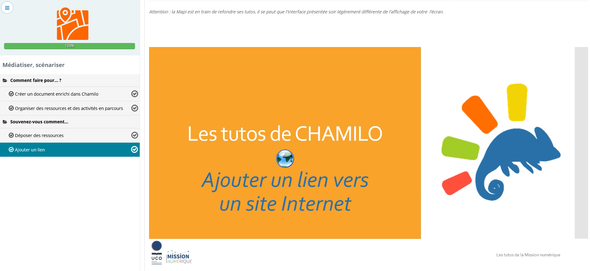 Campus virtuel Chamilo LMS de l'UCO - Utilisation de l'outil de parcours pédagogique