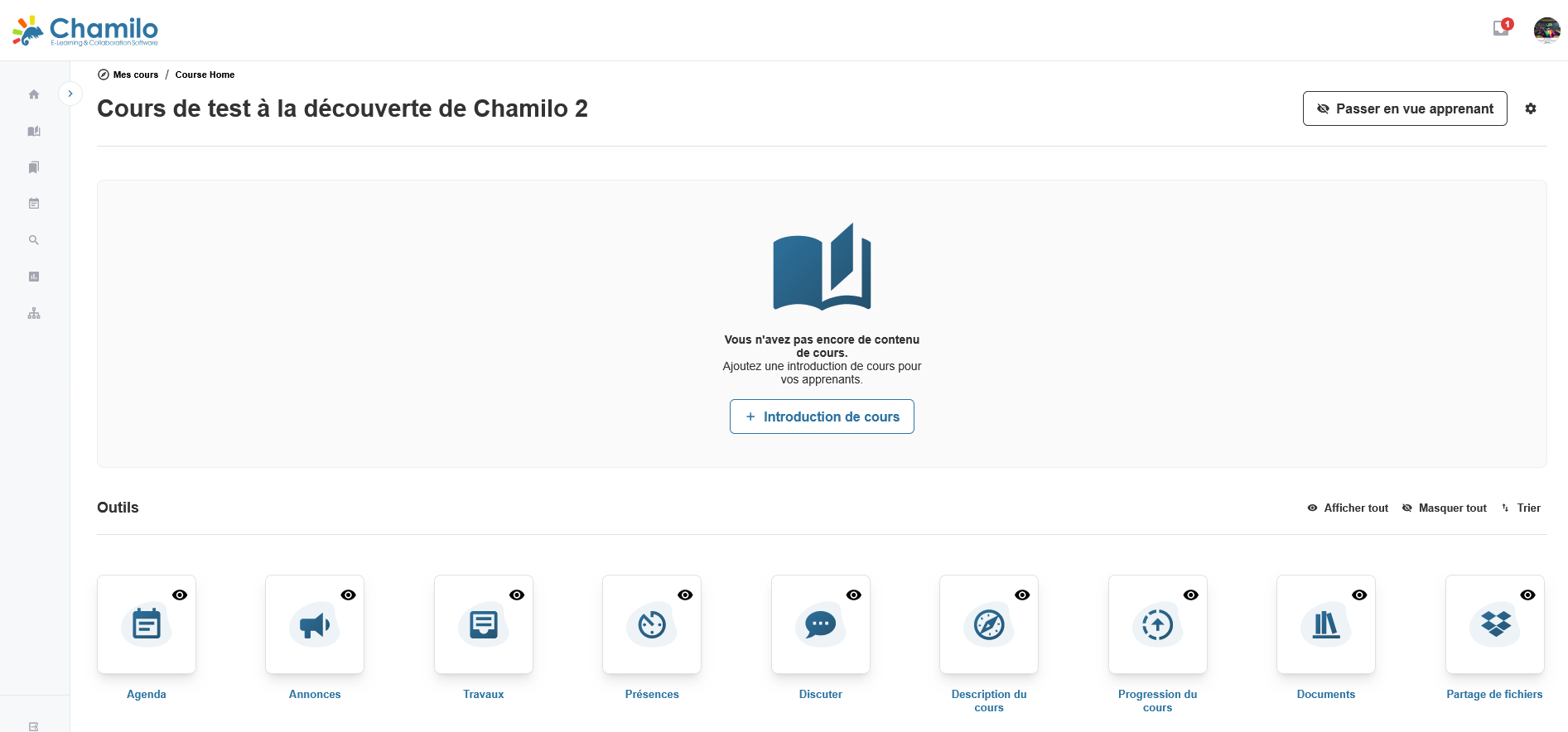Chamilo LMS : Interface de cours de Chamilo 2 