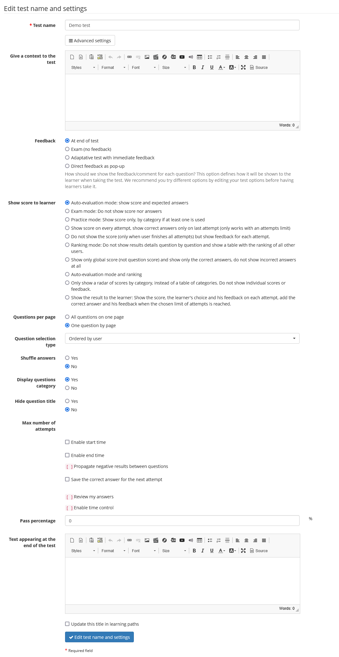 Chamilo LMS tests management