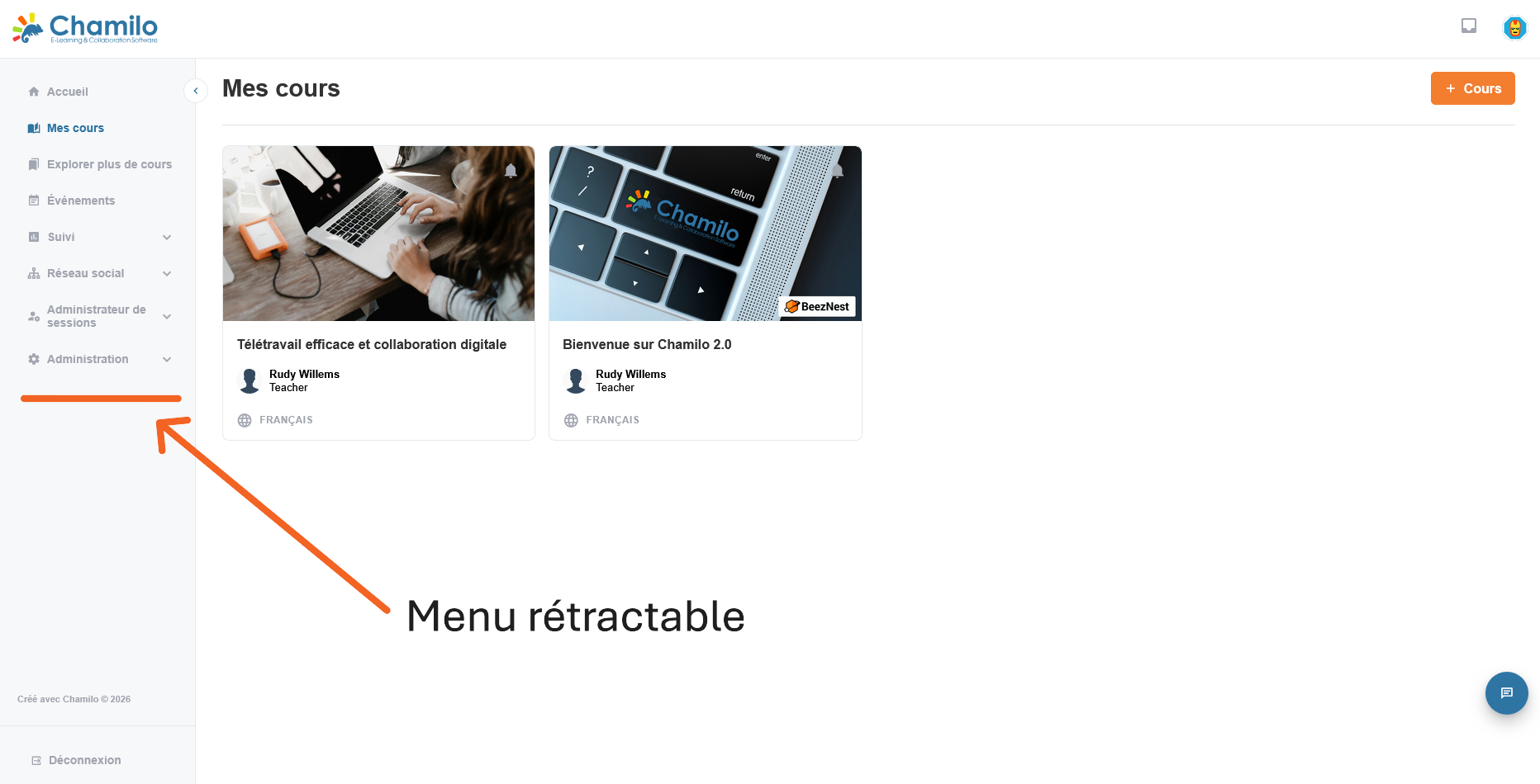 Chamilo LMS, menu rétractable