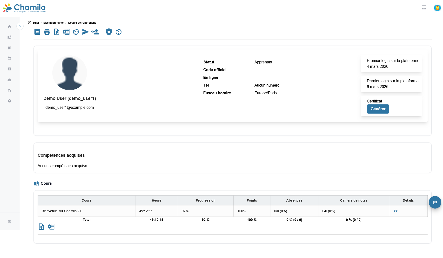 Suivi et reporting Chamilo 2.0