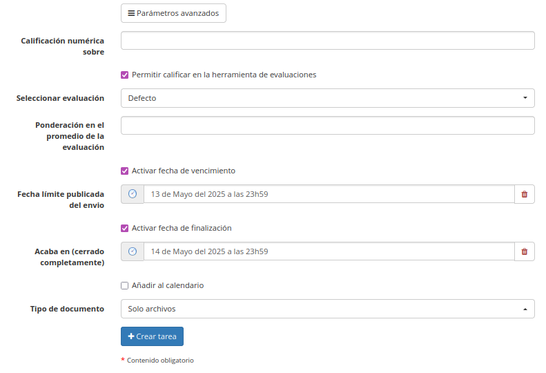 parametros calificación de tareas