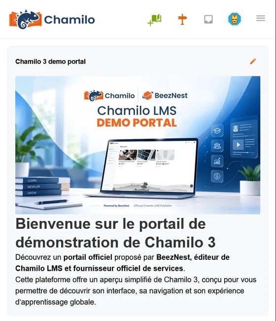 Chamilo LMS sur mobile, accueil